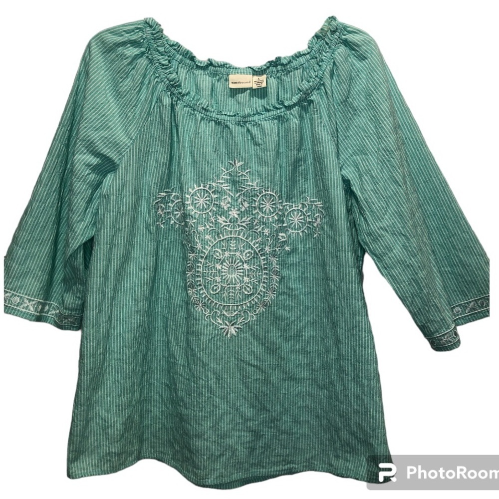 Westbound Women's Peasant 3/4 Sleeve Embroidered Top-Size Large